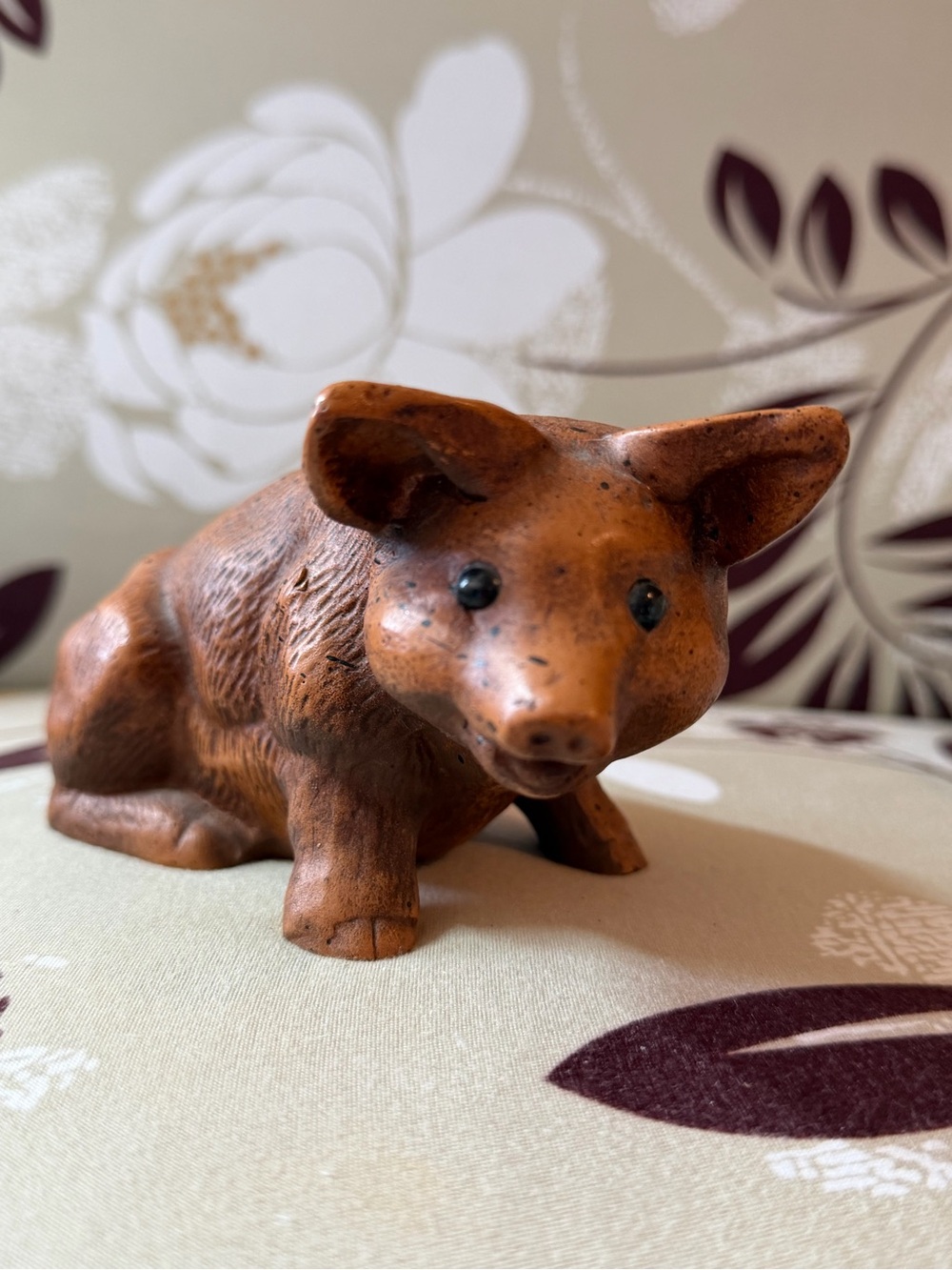 Small Hand-Carved Wooden Animal Figurine - Rustic Brown Pig